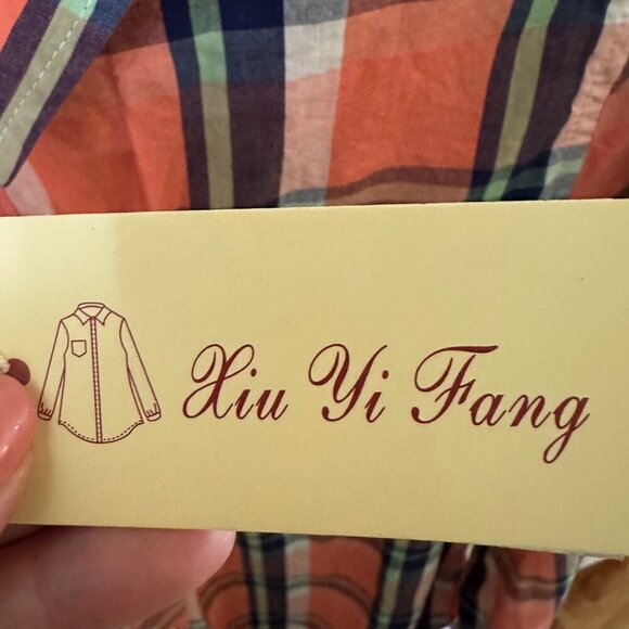 Xiu Yi Fang Women's 42 Shirt Button Down Orange Melon Plaid 100% Cotton NWT - Picture 3 of 3